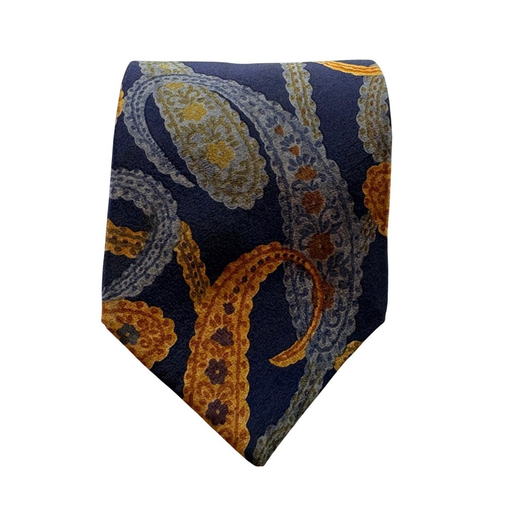 Saks Fifth Avenue Necktie Mens One Size Navy Blue Paisley 100% Silk Crepe USA